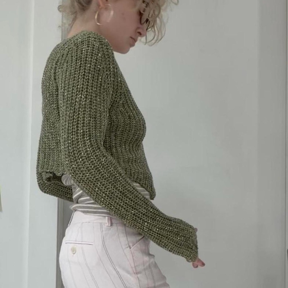 Green knit crochet cardigan shrug